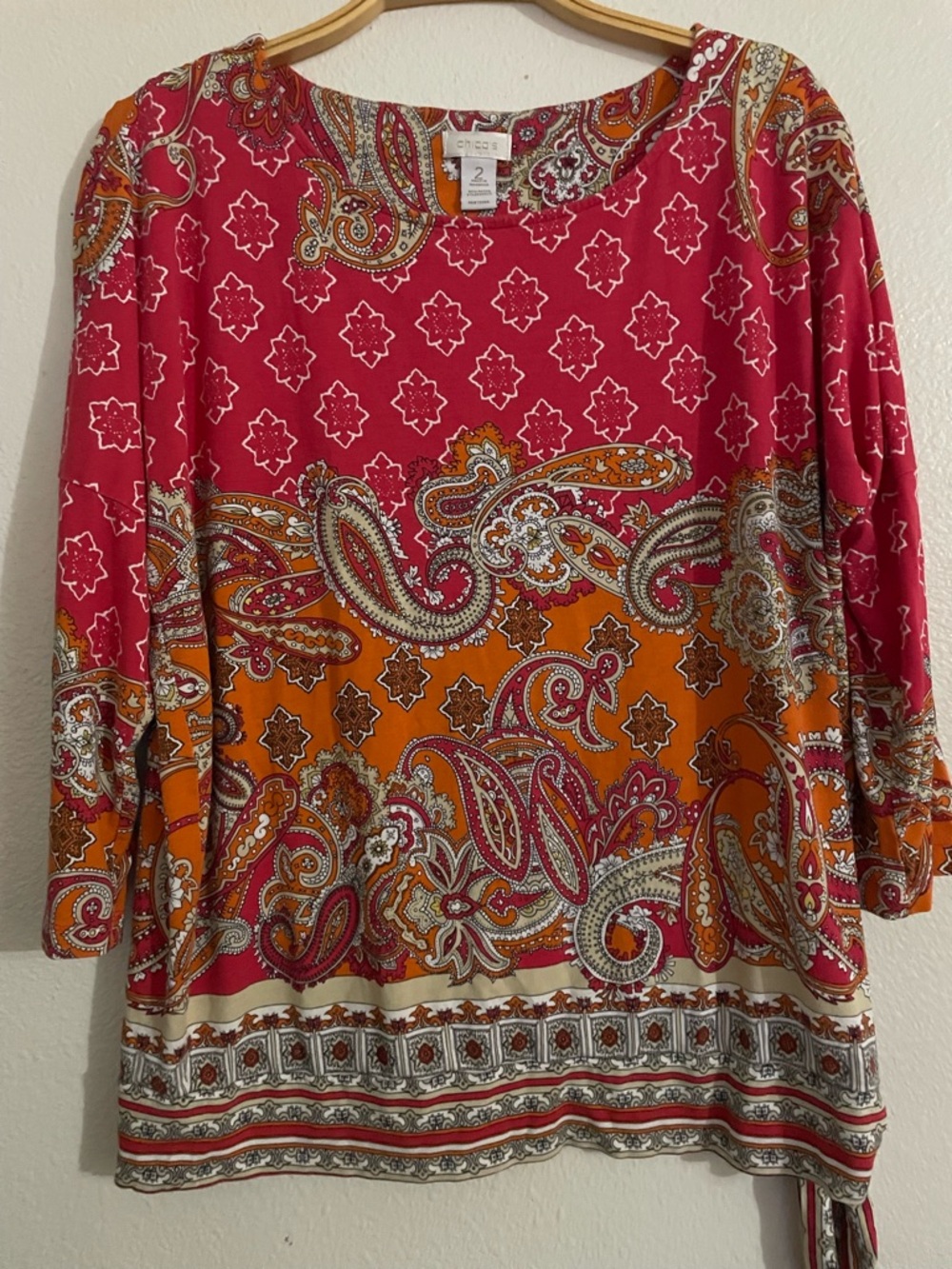 Chicos Top Womens Colorful Red Paisley Scoop Neck Long Sleeve Artsy Boho